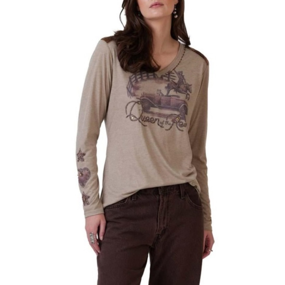 Double D Ranch Beige Graphic Long Sleeve Top